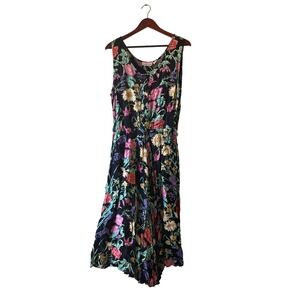 Vintage Floral Black Midi Dress Sleeveless V Neck Button cottageore size xl